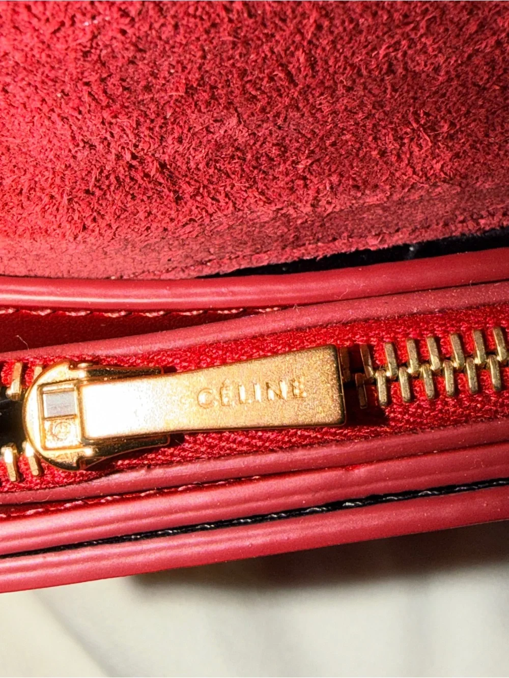 Celine Red Leather Crossbody with Black Strap and Gold Accent